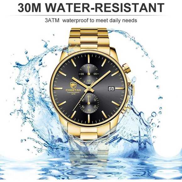 GOLDEN HOUR Men's Gold Black Stainless Steel Chronograph Quartz Watch Waterproof - Picture 5 of 7